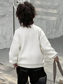 Dazy Kids 兒童秋季男童小號寬鬆休閒V領針織開襟外套，紋理面料 - 白色 - 查看 2