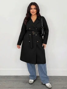 SHEIN PETITE CURVE 大尺碼女款純色雙排扣長袖百搭風衣外套 秋季 - 黑色 - 查看 4