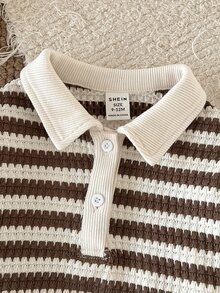 SHEIN 女嬰針織棕色條紋 Polo 領長袖上衣與長褲 2 件套裝 - 彩色 - 查看 3