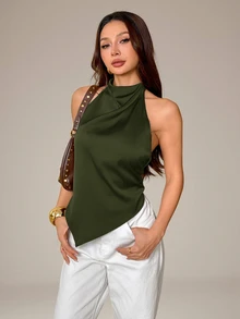 SHEIN PETITE 女款性感露背掛脖上衣，優雅適合派對之夜、通勤與度假，夏季上衣，小碼女款棕色 - 軍綠色 - 查看 5