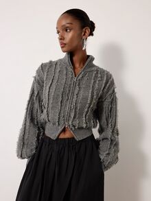 MERLEAU Women's Modern Dark Olive Green Frayed Knit Cardigan - Army Green - View 1