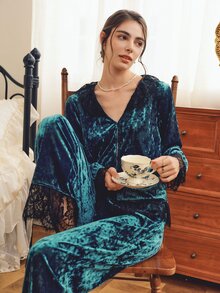 Côtesoire South French Elegant Mature Diamond Velvet Lace Patchwork Open Front Women's Pajama Set - Dark Green - View 5