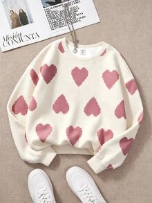 Tween Girl Casual Minimalist Loose Round Neck Comfortable Long Sleeve Sweatshirt, Suitable For Autumn/Winter, Classic Pixel Heart Pattern Print - White - View 5