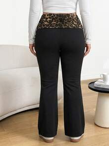 Shapeblank Women's Plus-Size Black Flare Pants With Leopard Print Panels – Stylish, Casual, Stretchy, And Comfortable, Fall/Winter, Thanksgiving, New Year - Black - View 2