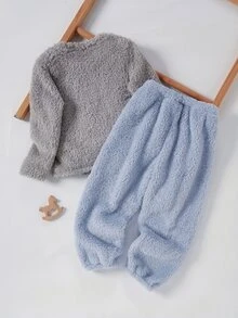 秋冬雙面保暖內裡加厚男童幼兒套裝，酷萌卡通恐龍刺繡，柔軟舒適毛茸茸長袖上衣與長褲 2 件套，居家休閒服 - 灰色 - 查看 3