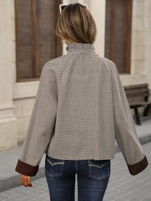 Brillora Gingham Plaid Stand Collar Button Front Contrast Cuff Raglan Sleeve Jacket,All-Season Casual Short Trench Coat Jacket, Shopping, Daily Commute - Brown - View 3