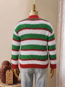 Rusticease Plus Size Women's Striped Dropped Shoulder Long Sleeve Single-Breasted Knit Cardigan - Multicolor - View 3