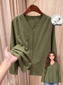 Rusticease Plus Size Minimalist Versatile Button Long Sleeve Shirt - Army Green - View 3