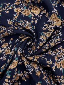 SHEIN Autumn/Winter Ditsy Ditsy Floral Square Neck Shirred Bust Asymmetrical Ruffle Hem Bohemian Country Boho Women's Long Dress Concert Vacation - Navy Blue - View 5