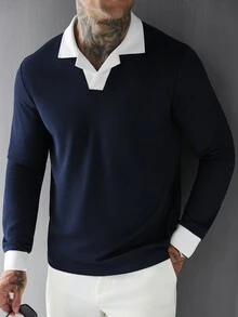 SLATEMANN Men's Colorblock Long Sleeve Casual Commute Polo Shirt - Navy Blue - View 3
