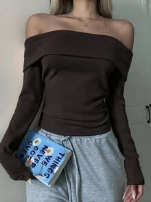 SHEIN EZwear 女款粉色針織露肩修身T恤 - 棕色 - 查看 6