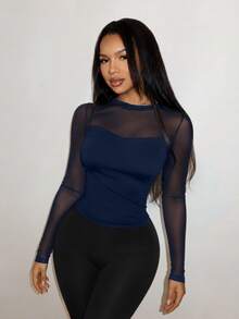 SHEIN SXY 性感優雅對比蕾絲露背開口上衣 夜店聚會穿搭 海軍藍 秋季 - 藏蓝色 - 查看 4