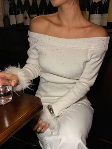 Livesso Autumn/Winter White Round Neck Long Sleeve Cable Knit Fitted Ribbed Casual Women's Sweater - White - View 3