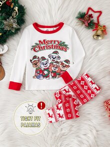 SHEIN | PAW Patrol GraphicGems 聖誕男嬰聯名印花可愛狗狗馴鹿雪花聖誕樹節日氛圍紅色軟綿舒適緊身高彈薄款長袖長褲2件套居家服貼身款 - 紅色 - 查看 1