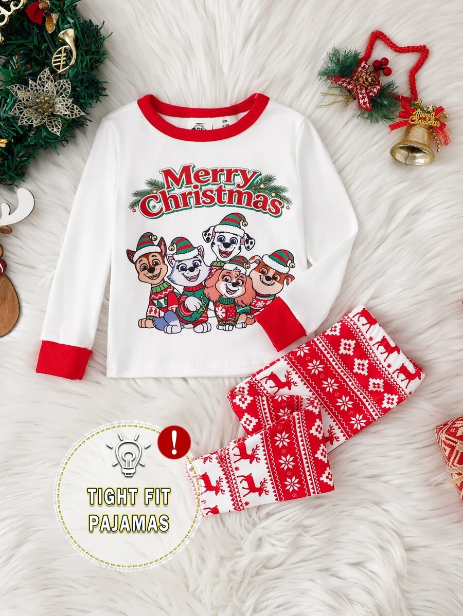 SHEIN | PAW Patrol GraphicGems 聖誕男嬰聯名印花可愛狗狗馴鹿雪花聖誕樹節日氛圍紅色軟綿舒適緊身高彈薄款長袖長褲2件套居家服貼身款 - 紅色 - 查看 1