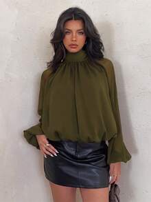 Aloruh 女款優雅酒紅色秋季辦公襯衫，純色立領落肩燈籠袖百褶時尚返校上衣長袖襯衫 - 軍綠色 - 查看 7