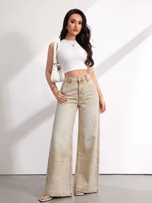 SHEIN Tall 女款時尚百搭鈕扣口袋牛仔褲 - 卡其色 - 查看 5