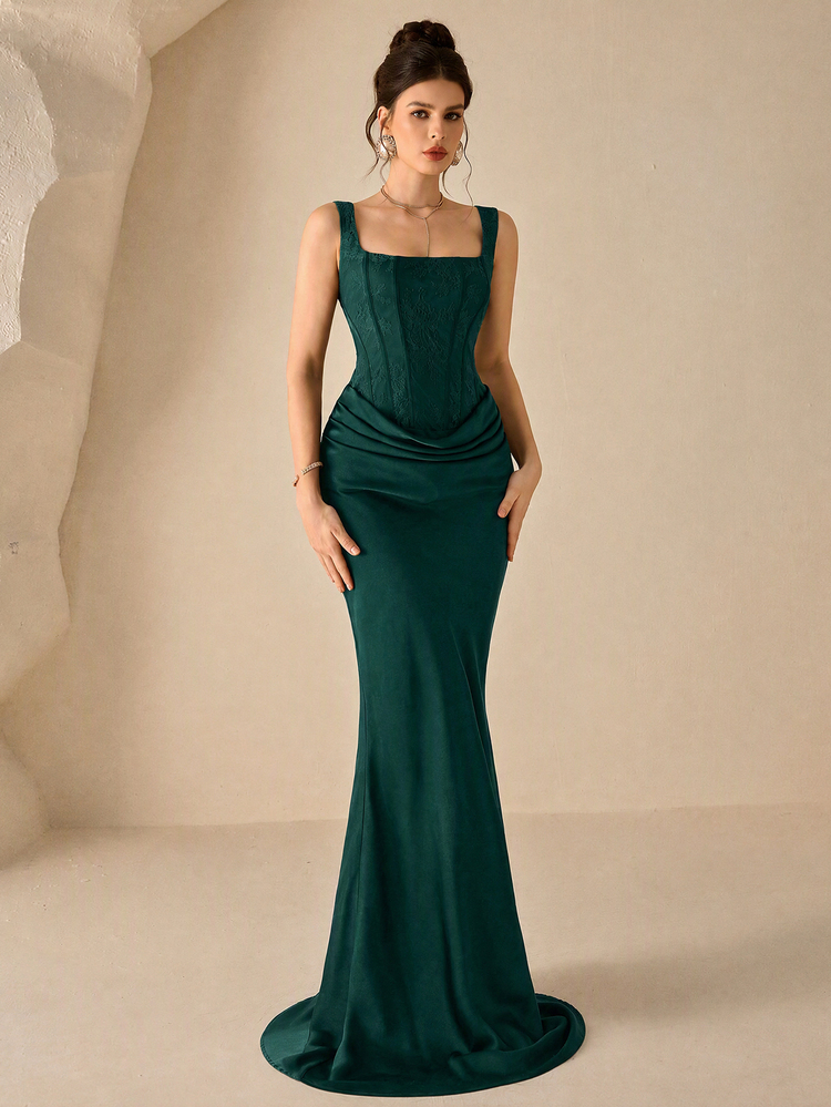 Coutiva Elegant Evening Gown, Sophisticated Lady Style, Formal Party Banquet, High-End Fitted Long Dress - Dark Green - View 6