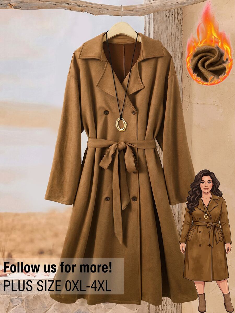 Rusticease Jaket Elegan Wanita Ukuran Besar Warna Polos Kerah Berlipat Bahu Jatuh Lengan Panjang Kancing Ganda untuk Musim Gugur - Coklat - View 1