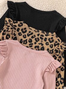 SHEIN Young Girl 3pcs Autumn Winter Ribbed Knit Long Sleeve Tops Casual Leopard Print Solid Color Ruffle Trim Crew Neck T-Shirts Set Everyday Shirts - Multicolor - View 3