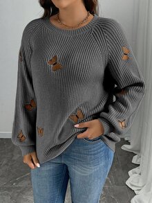 Linhara CURVE 大尺碼女款純色針織刺繡優雅套頭毛衣，長袖標準版型，秋冬季 - 深灰色 - 查看 5