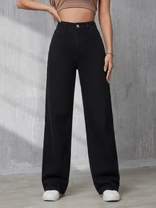 SHEIN Tall 女款直筒牛仔褲，斜口袋設計，適合高個女性 - 黑色 - 查看 5