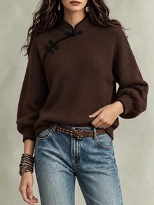 SHEIN Autumn/Winter Fashion Round Neck Long Sleeve Sweater - Coffee Brown - View 4