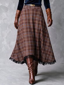 Solivie 女款秋季海軍藍格紋不對稱下擺裙 秋季穿搭 女款牛仔風造型 女款演唱會穿搭 流蘇裙 - 棕色 - 查看 1