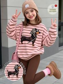 (1 Set) Tween Girls Autumn/Winter Fashion Leopard Print Headband, Puppy Pink & Brown Striped Crew Neck Sweatshirt With Leggings - Multicolor - View 3