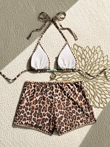 Bonvoyette Autumn/Winter New Multi-Color Leopard Print Scalloped Edge Seashell Decor Halter Triangle Bikini Top & High-Cut Shorts 2 Pieces Swimsuit Set For Women - Multicolor - View 2