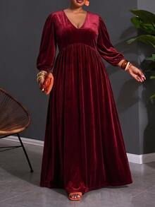 SHEIN CURVE+ Plus Size Elegant Gentle Velvet Pleated Dress - Burgundy - View 3