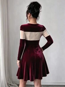 Elenzga 韓式紋理韓絨拼接色女款短洋裝，極簡優雅女裝短裙 - 酒紅色 - 查看 5