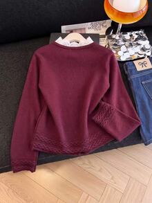 GlowEve 女款蕾絲飾邊休閒百搭日常穿搭開襟衫 - 酒紅色 - 查看 2