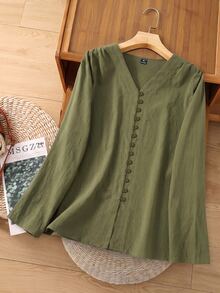 Rusticease Plus Size Minimalist Versatile Button Long Sleeve Shirt - Army Green - View 11
