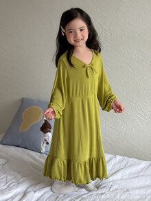 Dazy Kids 女童純色蝴蝶結裝飾長袖居家休閒連身裙 秋季 - 綠色 - 查看 5