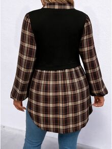 SHEIN LUNE Plus Size Casual Plaid Patchwork Knit Ribbed Fabric Lantern Sleeve Swallowtail Collar Women's Blouse Shirt - Multicolor - View 2