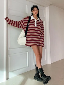 DAZY 女款條紋寬鬆版型半開襟鈕扣長袖T恤圖案印花可愛上衣大尺寸T恤 - 酒紅色 - 查看 3