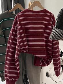 SHEIN LUNE Women's Casual Round Neck Loose Sweatshirt, Burgundy Washed Effect Striped Sweatshirt, Women's Autumn/Winter Clothing - White - View 2