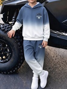 青少年男孩休閒極簡長袖連帽舒適衛衣2件套，適合秋冬穿著 - 彩色 - 查看 3