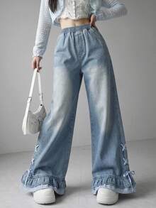 FRIFUL Women's Elastic Waist Casual Versatile Daily Wear Jeans Everyday School Light Blue Fall - Blue - View 3