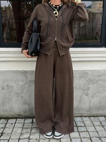 DAZY Women's Autumn/Winter Long Sleeve Zipper Front Drawstring Hooded Knit Cardigan And Knit Pants Casual Set - Brown - View 3