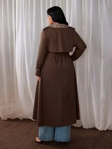 Rustia Plus Size Casual PU Leather Patchwork Plaid Trench Coat Fall - Brown - View 2