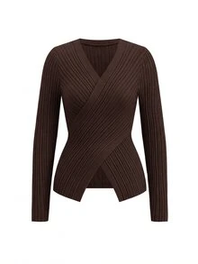 SHEIN Clasi Cross V-Neck Sweater And Mermaid Knit Skirt Set - Coffee Brown - View 4