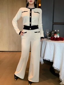 Joudiya Women's 2 Pieces Set: White & Black Contrast Patchwork Waist-Cinching Knit Cardigan And Straight Leg Pants, Suitable For Autumn/Winter, Commute, Date, Wedding - White - View 5