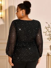BrightlyHer Plus Size Women's Rhinestone Mesh V-Neck Waist Patchwork Ruffle Blouse - Black - View 2