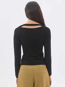 KÆRIA Hus Reversible Boat Neck Cutout Back Long Sleeve Knit Top - Fine Wool Blend - Black - Minimalist, Layering,Layering, Modern, Sexy - Black - View 3