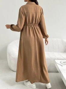 SHEIN Maternity Solid Color Button Front Side Waist Tie Casual Dress - Khaki - View 3