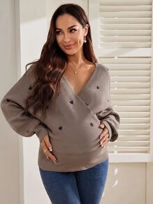 SHEIN 孕婦休閒孕婦裝愛心刺繡蝙蝠袖針織衫，春季/拍照冬季 - 灰色 - 查看 6
