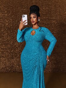 Maweii Plus Size Women's Elegant Textured Fabric Round Neck Long Sleeve Slim Fit Dress Fall - Blue - View 3