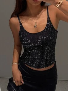 DAZY Women's Sequin Casual Versatile Everyday Camisole Top - Black - View 6